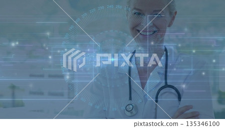 Standing female doctor crossing arms in lab, with white coat, stethoscope, tech overlay, copy space Standing female doctor crossing arms in lab, with white coat, stethoscope, tech overlay, copy space 135346100