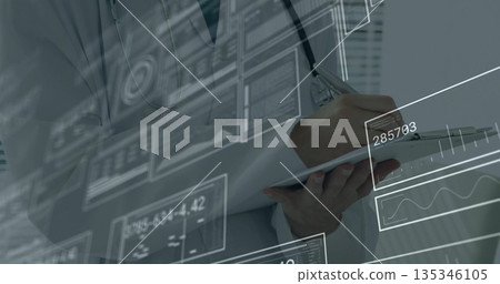 Writing female physician using pen on clipboard in clinic, with stethoscope and digital charts Writing female physician using pen on clipboard in clinic, with stethoscope and digital charts 135346105