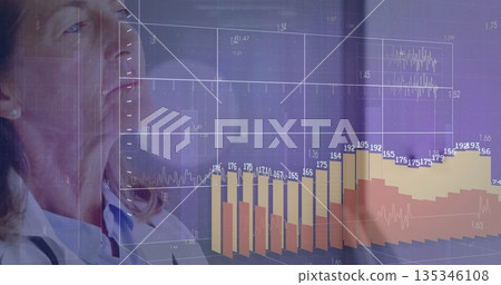 doctor wearing lab coat and stethoscope studying metrics in clinical lab, with display, copy space doctor wearing lab coat and stethoscope studying metrics in clinical lab, with display, copy space 135346108