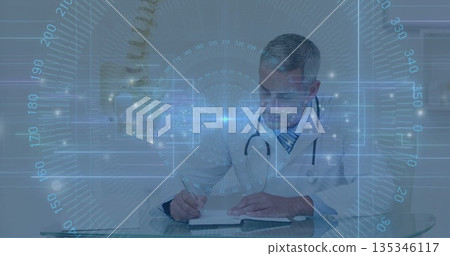 Writing doctor wearing white coat scribbling notes in clinic with stethoscope and digital overlays Writing doctor wearing white coat scribbling notes in clinic with stethoscope and digital overlays 135346117