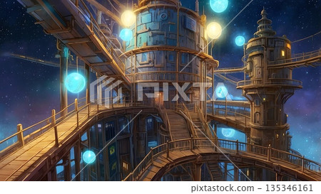 Game background: Aerial view of the scenery between buildings in a cyberpunk world 135346161