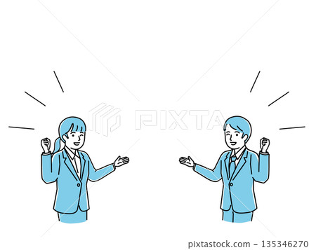 一對身穿西裝的男女正在提供指導並擊掌慶祝，象徵著商業、目標達成和解決方案，向量圖。 135346270