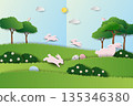 Easter nature background with cute rabbits and Easter eggs on spring garden for greeting card,banners,flyers,social media or wallpaper 135346380