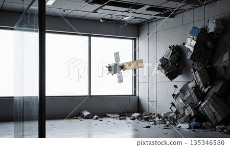 Satellite destruction catastrophe crashes through office window creating intense apocalyptic damage Satellite destruction catastrophe crashes through office window creating intense apocalyptic damage 135346580