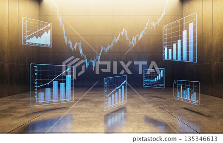 Golden Horizon Studio with Business Symbols - Vast seamless studio lit by golden daylight gradient fading into deep indigo, holographic 135346613