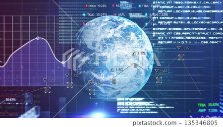 Displaying 3D Earth globe showing data markers and trend lines on dashboard, with code blocks Displaying 3D Earth globe showing data markers and trend lines on dashboard, with code blocks 135346805