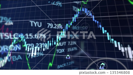 Displaying chart showing candlestick bars and green line on trading app with tickers and eco icons Displaying chart showing candlestick bars and green line on trading app with tickers and eco icons 135346808