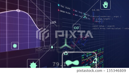 Displaying CO2 label icon floating over digital dashboard grid, with purple line chart, copy space 135346809