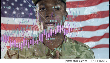 Soldier wearing camo uniform and cap holding hand over heart in studio with flag, digital overlays 135346817