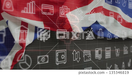 Displaying Union Jack flag across finance dashboard, showing credit card, piggy bank, monitor icons Displaying Union Jack flag across finance dashboard, showing credit card, piggy bank, monitor icons 135346819