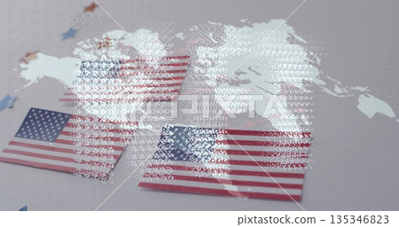 Displaying American flag cards on tabletop with star confetti in red blue gold, world map overlay Displaying American flag cards on tabletop with star confetti in red blue gold, world map overlay 135346823