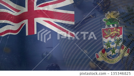 Displaying Cayman Islands flag waving over backdrop, with blue ensign, Union Jack and coat of arms 135346825