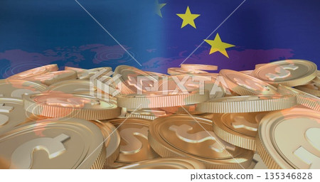 Shining dollar-sign coins stacking in illustration, with yellow EU stars and world map silhouette 135346828