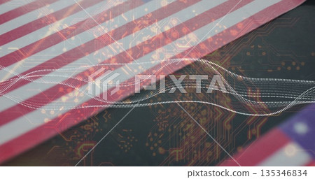 Displaying American flag featuring digital circuit pattern in composite, with dotted waveform lines Displaying American flag featuring digital circuit pattern in composite, with dotted waveform lines 135346834