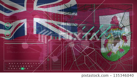 Displaying combined Bermuda flag, HUD on cyber interface, with Union Jack plus Bermuda coat of arms 135346840