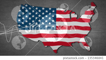 Displaying US map silhouette connecting globe icons on digital canvas background, with flag pattern 135346841