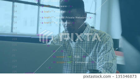 Man in checked shirt analyzing HTML code snippets using open laptop in office, with coffee cup Man in checked shirt analyzing HTML code snippets using open laptop in office, with coffee cup 135346873