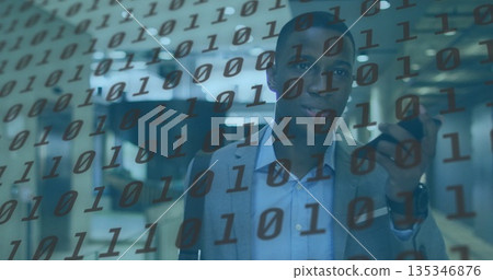 Executive scrolling smartphone in office corridor, carrying strap in suit jacket with binary code Executive scrolling smartphone in office corridor, carrying strap in suit jacket with binary code 135346876
