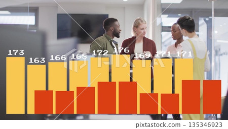 Four colleagues discussing live data trends in open-plan office, with digital bar chart overlay 135346923
