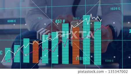 Professional in dress shirt interacting with tablet in office lounge, colorful currency graphs Professional in dress shirt interacting with tablet in office lounge, colorful currency graphs 135347002