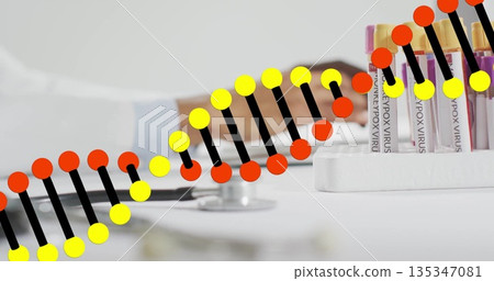 Reaching forearm toward keys on lab table with monkeypox test tubes, helix overlay, copy space Reaching forearm toward keys on lab table with monkeypox test tubes, helix overlay, copy space 135347081