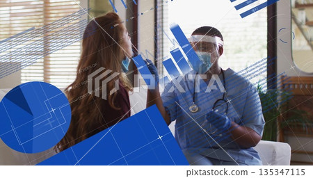 Healthcare professional wearing mask and gloves administering nasal swab at home on couch, charts 135347115