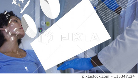 Reclining gowned patient watching holograms and doctor adjusting IV drip in clinic room, copy space Reclining gowned patient watching holograms and doctor adjusting IV drip in clinic room, copy space 135347124