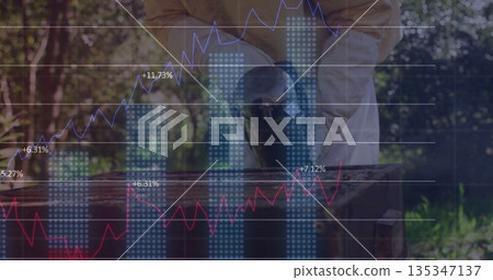Senior gloved beekeeper pumping smoker into beehive at apiary edge, with financial chart overlays 135347137