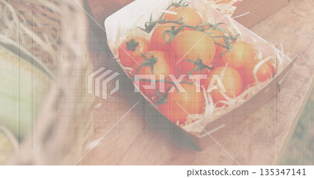 Showing cardboard box holding vine tomatoes on rustic wooden table, with straw packing, copy space Showing cardboard box holding vine tomatoes on rustic wooden table, with straw packing, copy space 135347141
