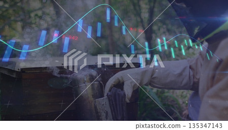 Beekeeper in gloves holding smoker, opening hive in forest clearing, with chart overlay, copy space Beekeeper in gloves holding smoker, opening hive in forest clearing, with chart overlay, copy space 135347143