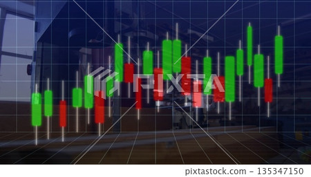 Floating 3D candlestick chart with grid and red green bars hovering on factory floor with tanks Floating 3D candlestick chart with grid and red green bars hovering on factory floor with tanks 135347150