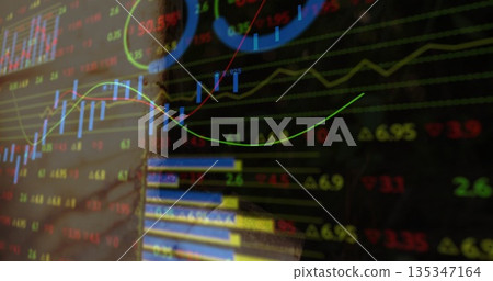 Displaying market data on office monitor showing candlestick chart, line graph, gauge, price labels 135347164