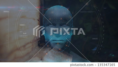 Displaying blue digital humanoid head bust scanning in virtual environment, with HUD biometric mesh 135347165