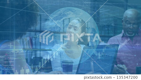 Reviewing stock charts, Korean woman leading discussion in office, with laptops and digital charts 135347200