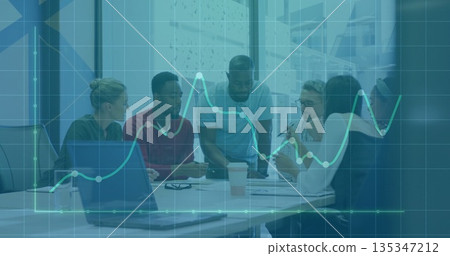 Leaning professionals analyzing printed charts in conference room, with laptops tablets smartphone Leaning professionals analyzing printed charts in conference room, with laptops tablets smartphone 135347212