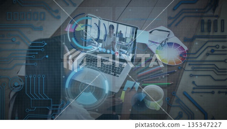 Working female colleague conducting call at home office, with laptop color wheel pencils coffee mug 135347227