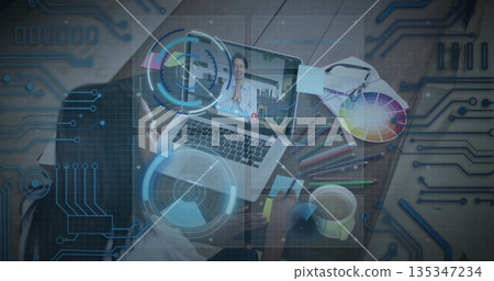 Woman in t shirt participating in live telemedicine at desk, with laptop and smartphone, copy space Woman in t shirt participating in live telemedicine at desk, with laptop and smartphone, copy space 135347234