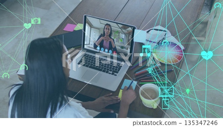 Woman writing notes during virtual call in home office, with laptop, sticky notes, pen, copy space 135347246