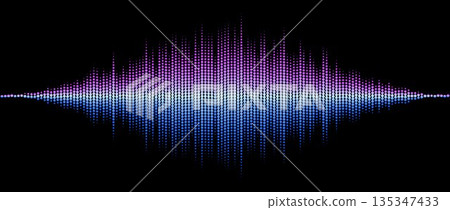 Neon blue purple abstract sound wave element. Dotted music equalizer shape design. Audio radio signal visualization concept. Shining digital voice assistant pattern. Song track sample player. Vector 135347433