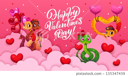 Paper cut Valentine day pink sky clouds with cheerful snakes, cartoon vector. Happy Valentine day love holiday greeting card with funny snakes, heart balloons and flowers on paper cut pink clouds sky Paper cut Valentine day pink sky clouds with cheerful snakes, cartoon vector. Happy Valentine day love holiday greeting card with funny snakes, heart balloons and flowers on paper cut pink clouds sky 135347439