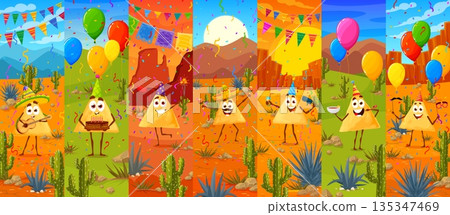 Cartoon nachos chips vector characters celebrate a Mexican holiday with balloons, fireworks and party hats. Funny musician, birthday guest, magician or party dancer nachos characters collage Cartoon nachos chips vector characters celebrate a Mexican holiday with balloons, fireworks and party hats. Funny musician, birthday guest, magician or party dancer nachos characters collage 135347469