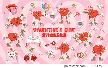Cartoon groovy love heart characters stickers pack of happy hearts, charming cherries and sweet tokens, key, rings and love letters. Vector holiday set of fun and cute personages for festive greetings Cartoon groovy love heart characters stickers pack of happy hearts, charming cherries and sweet tokens, key, rings and love letters. Vector holiday set of fun and cute personages for festive greetings 135347518