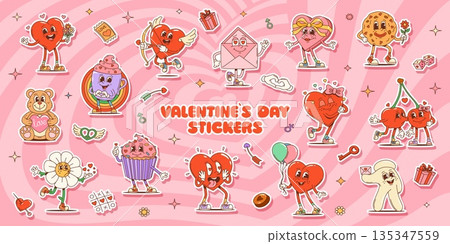 Cartoon groovy love and Valentine characters stickers of hearts with wings, key of love, balloons kissing cherries, sweets, love notes, flowers and gift box. Vector patches of Valentine Day personages Cartoon groovy love and Valentine characters stickers of hearts with wings, key of love, balloons kissing cherries, sweets, love notes, flowers and gift box. Vector patches of Valentine Day personages 135347559