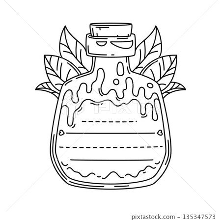 Potion elixir glass bottle kids memo note frame. Scrapbook linear vector template, schedule memo note. To do list outline checklist or children diary frame with magic love potion flask or bottle 135347573