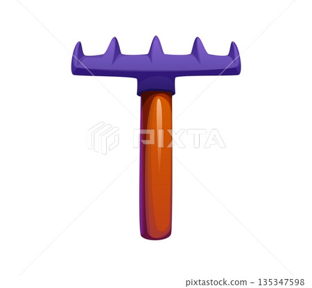 Cartoon letter T as a rake tool with wooden handle. Vector creative and funny farm English alphabet, agriculture typeface, farm font, harvest type, playful agricultural educational typography symbol Cartoon letter T as a rake tool with wooden handle. Vector creative and funny farm English alphabet, agriculture typeface, farm font, harvest type, playful agricultural educational typography symbol 135347598