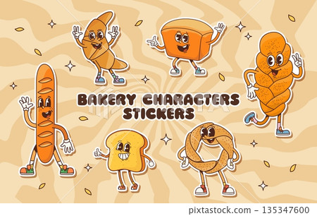 Cartoon groovy bakery characters stickers. Vector funky French baguette, croissant, bread loaf, sandwich slice, happy pretzel, braided bun. Sparkles and falling wheat grains surround bakery personages 135347600