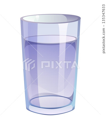 Cartoon water glass. Transparent drink glass filled halfway with pale bluish water. Vector clean drink container with fresh water for healthy lifestyle, diet programs and eco friendly products Cartoon water glass. Transparent drink glass filled halfway with pale bluish water. Vector clean drink container with fresh water for healthy lifestyle, diet programs and eco friendly products 135347633