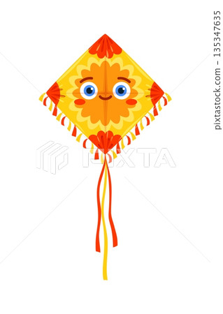 Festival paper diamond shaped kite with big blue eyes, red and yellow tails stream from the bottom, while short triangular fringes line the edges. Cartoon vector kite toy for summer entertainment 135347635