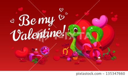 Be my valentine greeting card featuring a smiling playful green snake with heart shaped body loops, surrounded by roses, hearts, gifts, chocolates, engagement rings and cupcakes on a red background Be my valentine greeting card featuring a smiling playful green snake with heart shaped body loops, surrounded by roses, hearts, gifts, chocolates, engagement rings and cupcakes on a red background 135347660