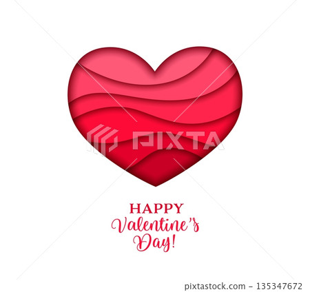 Paper cut happy Valentine heart greeting card. 3d vector banner with red and pink papercut layers. Romantic message on white background. Sweet and heartfelt holiday celebration postcard for loved ones 135347672